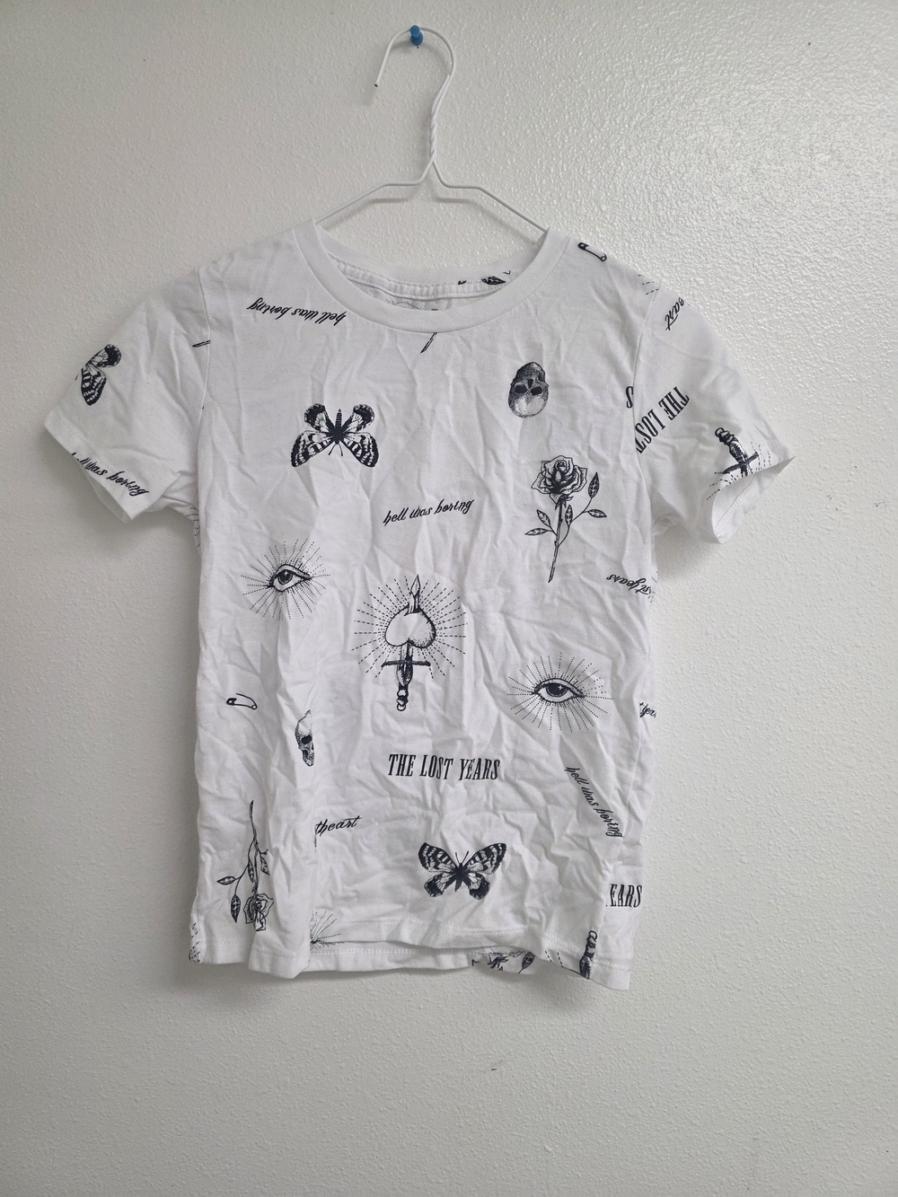 White Graphic Short Sleeve Kids Tee with Black Motif Print (0586)